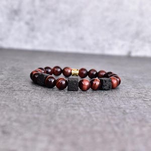 Red tiger's eye and Lava beaded Bracelet* Diffuser beaded Bracelet* Stretchable gemstone bracelet for him* Unique bead bracelet gift for him
