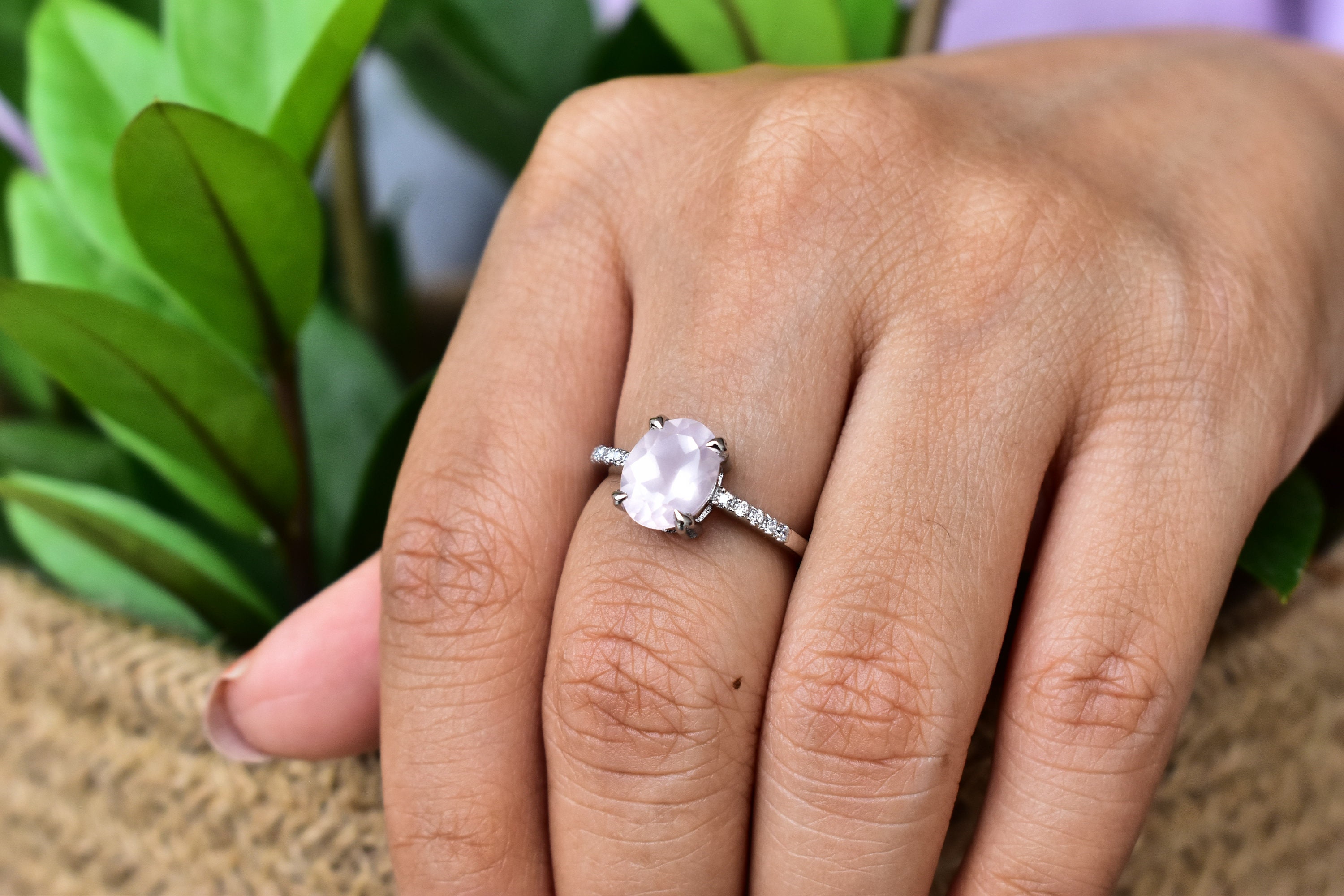 Rose Quartz Engagement Ring set pink quartz Statement Ring Etsy