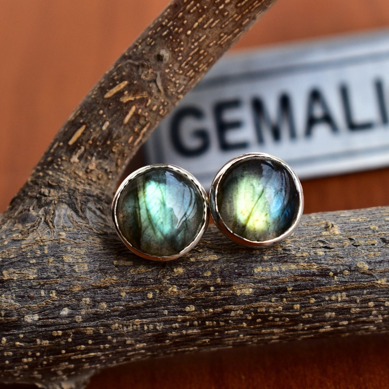 Labradorite Stud Earrings Real Crystal Jewelry, Bridesmaid Gifts , Spectrolite round cabochon Earrings Boho Jewelry Iridescent Rainbow image 4