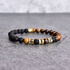 Tiger's Eye & Lava Bead Bracelet Viking symbol stretchable bracelets Tiger eye beaded jewelry for men Healing bracelets, gift for him image 6