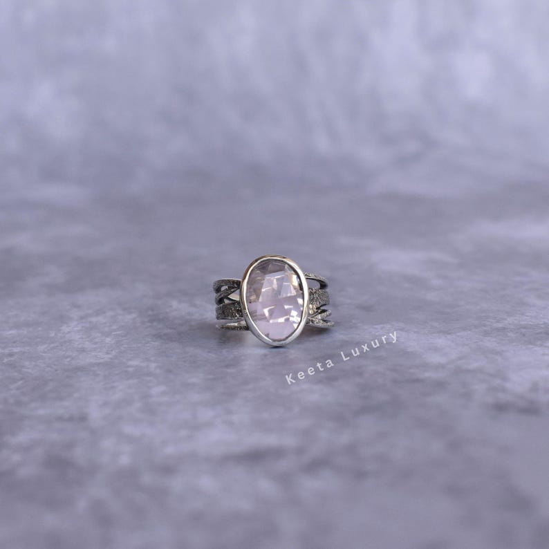 Natural Rose Quartz Ring* Silver Oxidized Handmade pink Quartz Ring* Rose Cut Gemstone Ring For Women* Healing Gemstone Ring* Unique Gifts image 3