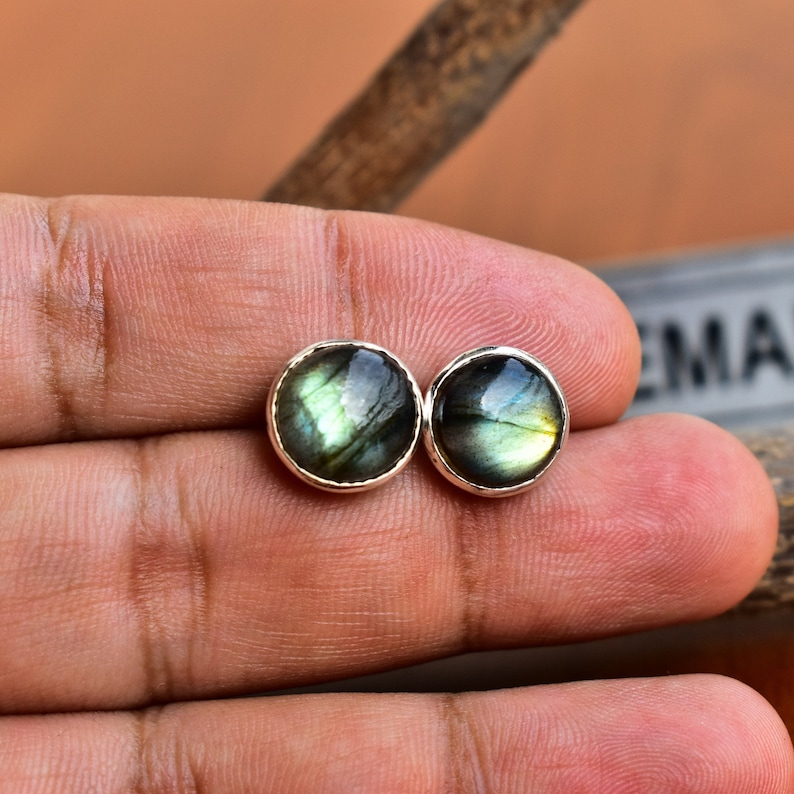 Labradorite Stud Earrings Real Crystal Jewelry, Bridesmaid Gifts , Spectrolite round cabochon Earrings Boho Jewelry Iridescent Rainbow image 3