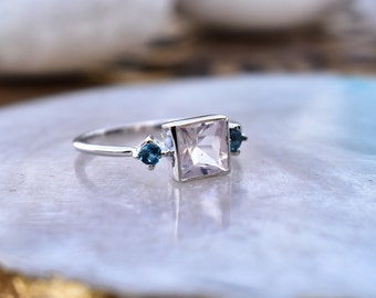 Rose Quartz ring, Cocktail ring, pink quartz and London blue topaz ring, Rose quartz princess cut minimalist rings for women , gift for her