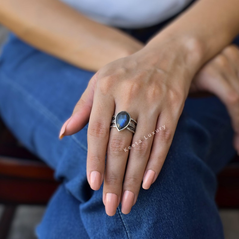 Natural Labradorite Ring* Silver Oxidized Handmade Ring* Teardrop Labradorite Ring* Rose Cut Gemstone Ring* Statement Ring* Unique Gifts image 3