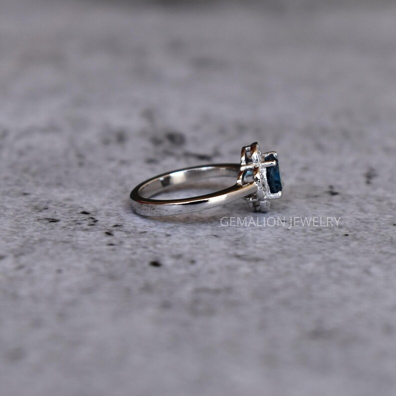 London blue topaz ring, Round cut blue gemstone ring , sterling silver finished with rhodium, london topaz halo wedding & engagement Ring image 4