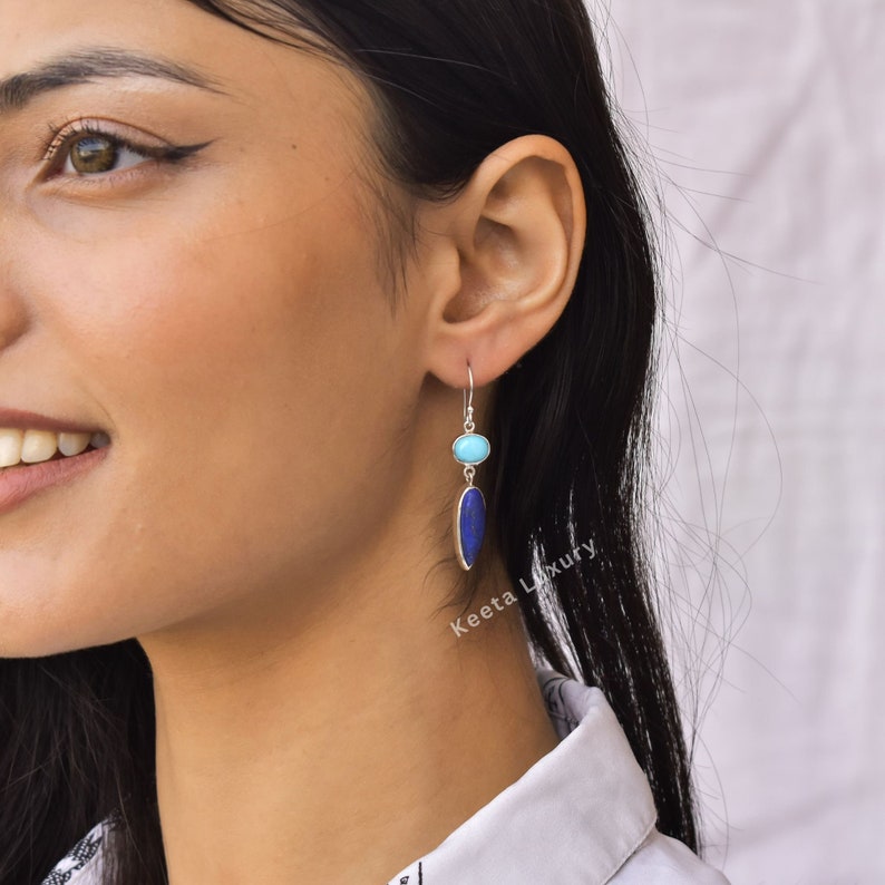 Natural Turquoise And Lapis lazuli dangle earrings Sterling silver handmade cocktail earrings Two stone jewelry, gift for her image 4