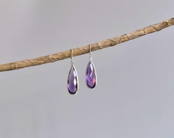 Natural Amethyst stylish Dangle , Sterling silver long earrings, Teardrop gemstone bohemian simple jewelry for Women, Unique cute gift ideas