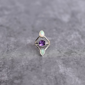 Natural Opal and amethyst ring* Multi flashy opal gemstone ring* Sterling silver amethyst ring* Healing gemstones ring* Bridesmaid gifts