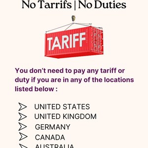 The image is a list of locations where no duties or Tariffs are required, including the United States, United Kingdom, Germany, Canada, Australia, and Australia.