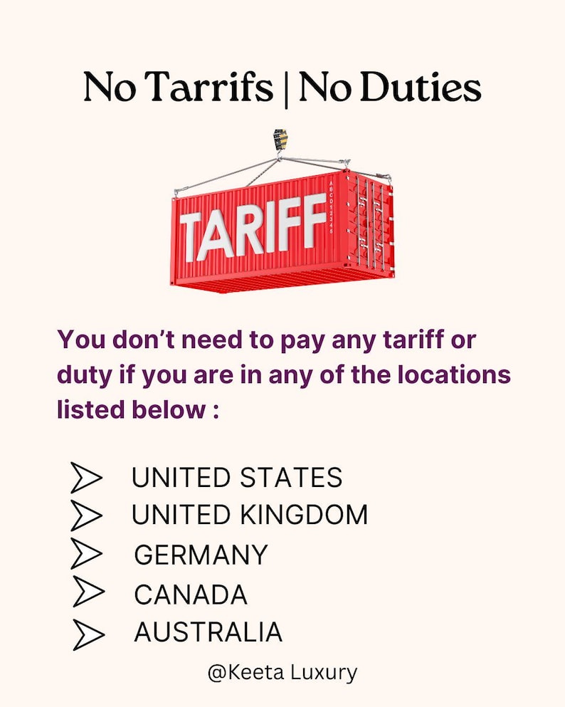 The image is a list of locations where no duties or Tariffs are required, including the United States, United Kingdom, Germany, Canada, Australia, and Australia.