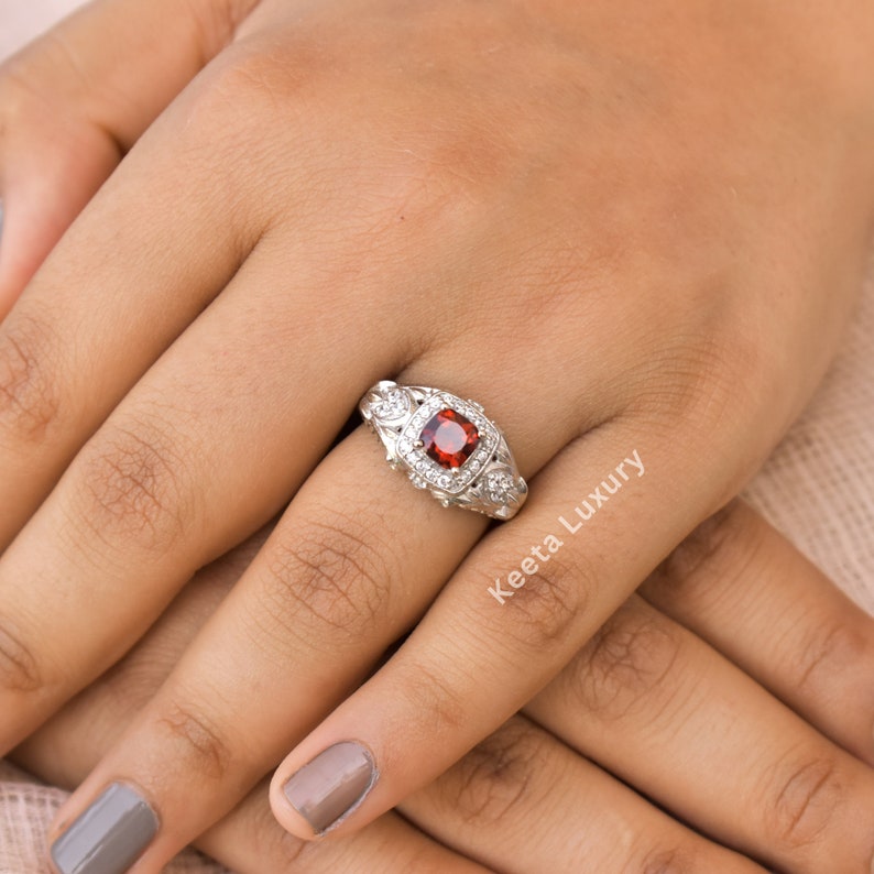 Vintage Red garnet Cushion cut Sterling Silver Engagement Ring, Natural garnet halo Ring, Vintage Wedding Ring Set , Silver Bridal Ring image 2