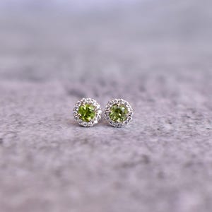 Natural Peridot studs* Peridot tiny studs for women* Sterling silver gemstone earrings* faceted peridot stud halo earrings* Unique gifts