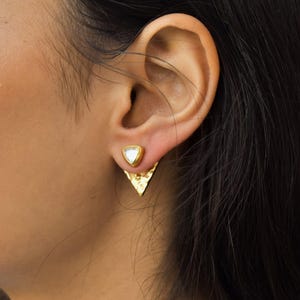 Rainbow Moonstone studs earrings* Moonstone double triangle studs* 14K Gold Moonstone studs* Healing crystal studs for her* Unique gift
