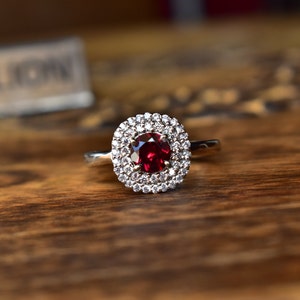 Natural Red Garnet Ring, garnet double halo ring, garnet Silver bridal Ring For Women, garnet jewelry,  anniversary gift for her