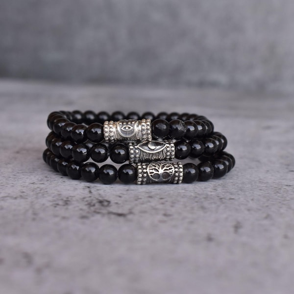 Unisex Armband aus schwarzem Turmalin, Schutzarmband, Armband für den bösen Blick, Keltisches Symbol Baum des Lebens, Hamsa Hand Schmuck, Geschenke