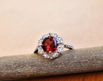 Natural Vintage inspired Red Garnet Ring, garnet halo ring, garnet sterling Silver Ring For Women, Engagement Wedding Ring , rhodium plated