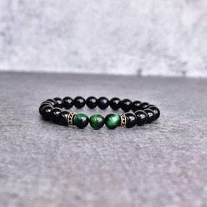 Natural green tiger&#39;s eye and onyx beaded bracelet* Handmade healing gemstone bracelets for men* two stone bracelet * Unique gifts for him