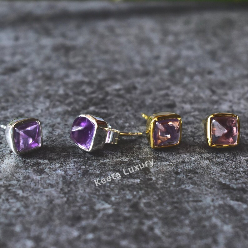 Amethyst Earrings, Amethyst Minimalist Stud Earrings, sugar loaf shape, Gold Filled, Sterling Silver, mother's day gift, daily wear studs image 3