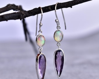Genuine Opal and Amethyst dangle earrings, Sterling silver handmade earrings, Two stone dangle earrings, bridesmaid jewelry, Gift for mom