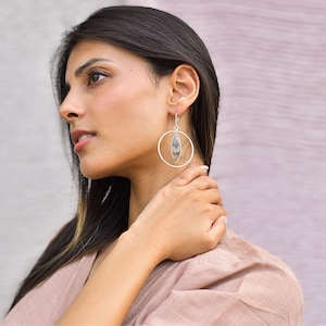 Natural moss agate hoop dangle earrings, Sterling silver handmade stylish jewelry for women, Healing crystal Unique fashion jewelry gifts