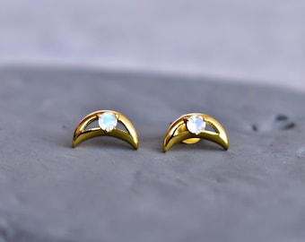 Rainbow Moonstone studs, Blue sheen moonstone tiny stud earrings, healing gemstone small earrings, minimalist 14K Gold studs , gift for her