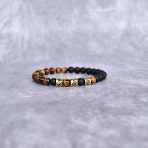 Tiger's Eye & Lava Bead Bracelet* Viking symbol stretchable bracelets* Tiger eye beaded jewelry for men* Healing bracelets, gift for him