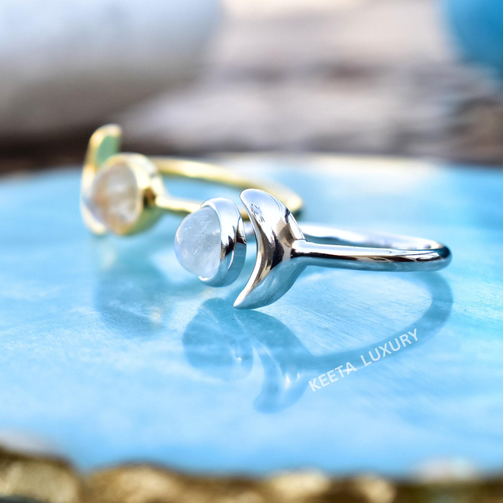 Bague lunaire en pierre de lune bague celeste lunaire bague demi pierre de lune bijoux faits main cadeau de demoiselle d honneur bague d anniversaire bijoux en pierre de lune Etsy France