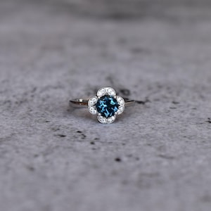 London blue topaz ring, Round cut blue gemstone ring , sterling silver finished with rhodium, london topaz halo wedding & engagement Ring image 1
