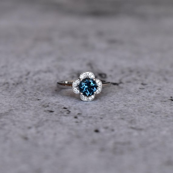London blue topaz ring, Round cut blue gemstone ring , sterling silver finished with rhodium, london topaz halo wedding & engagement Ring