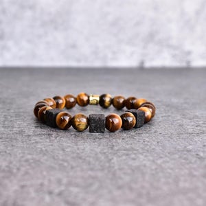 Genuine tiger&#39;s eye and Lava cube beaded Bracelet* Spiritual Healing Bracelet* Diffusible stretchable bracelet for men* Friendship bracelets