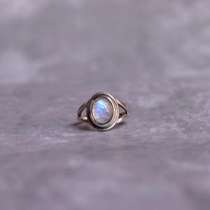 Natural Moonstone bohemian ring, Silver oxidized Oval shaped genuine rainbow moonstone ring , Handmade boho looking jewelry gift ideas image 2