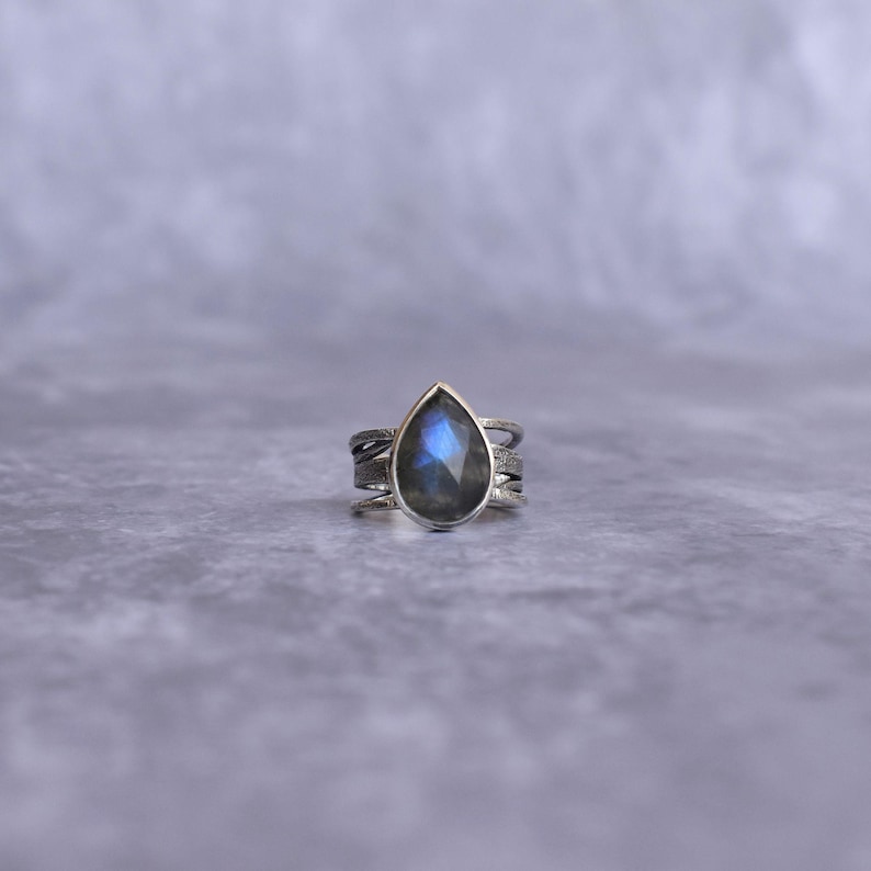 Natural Labradorite Ring* Silver Oxidized Handmade Ring* Teardrop Labradorite Ring* Rose Cut Gemstone Ring* Statement Ring* Unique Gifts image 1