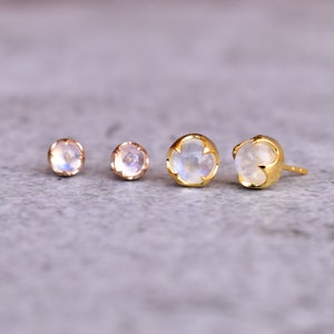 Rose Gold Moonstone Earrings, small bohemian crystal studs, 6mm and 8 MM Moonstone Cabochon Earrings , Everyday earrings, birthday gift