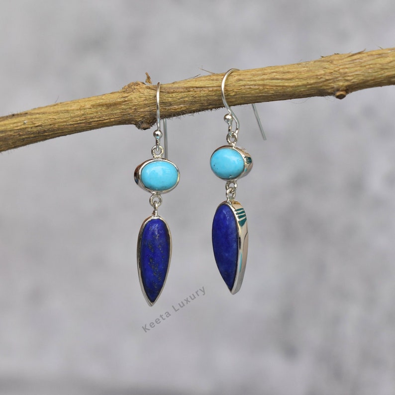 Natural Turquoise And Lapis lazuli dangle earrings Sterling silver handmade cocktail earrings Two stone jewelry, gift for her image 3