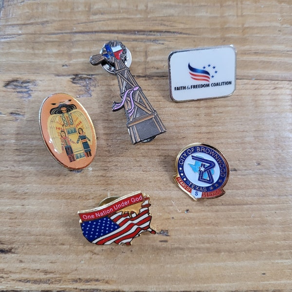 Set of 5 Vintage Pins, Texas pins, Olympics pin, Religious pin, Mixed media assemblage, Altered art, Vintage junk drawer, Vintage odds ends