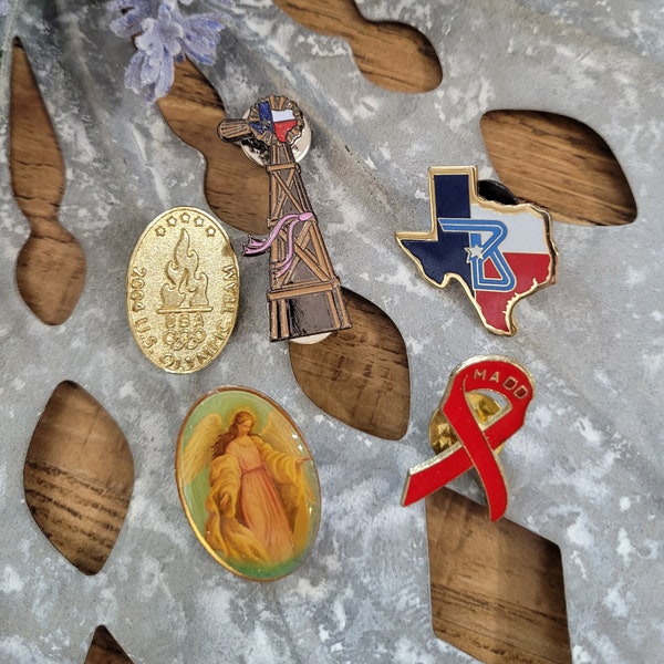 Set of 5 Vintage Pins, Texas pins, Olympics pin, Religious pin, Mixed media assemblage, Altered art, Vintage junk drawer, Vintage odds ends