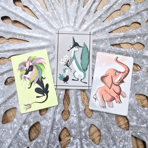 Lot de 3 cartes à jouer vintage animaux, renard, éléphant, échange de cartes antiquaires, éphémères, fournitures techniques mixtes, collection de cartes, fournitures de création manuelle