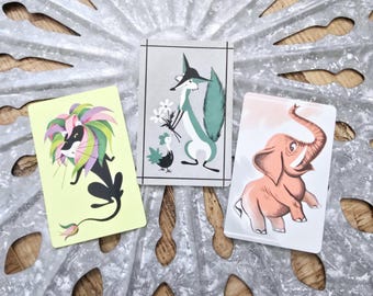 Vintage Animal Playing Cards: Fox, Elephant, Lion - Set of 3