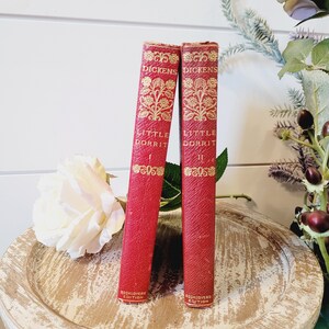 Antique Charles Dickens, Little Dorrit, Vintage Christmas, Red books, Antique book, Victorian book, Cloth bound book, Gold Gilt, Decorative