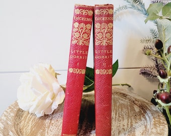 Antique Charles Dickens, Little Dorrit, Vintage Christmas, Red books, Antique book, Victorian book, Cloth bound book, Gold Gilt, Decorative