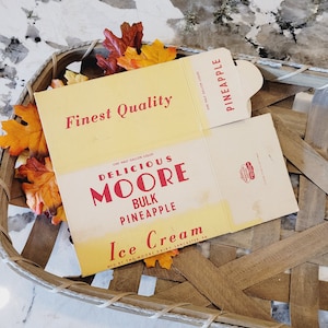 1940 Pineapple Ice Cream Carton, Vintage Ice Cream Advertising, Moore Dairy, Yellow Ice Cream box container, NOS Packaging, Midcentury decor