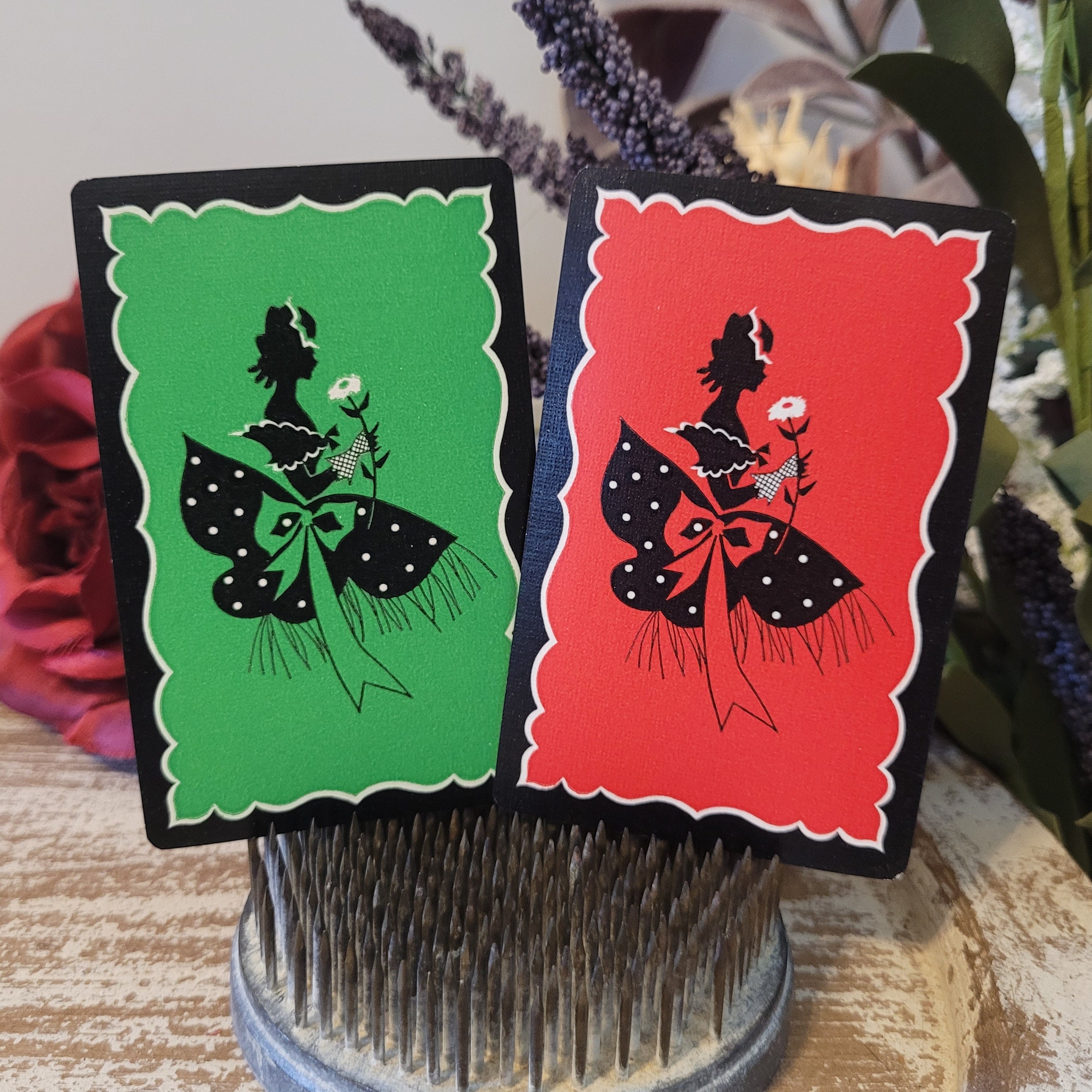 Pair Silhouette Playing Cards, Red Green Cards, Lady in Dress ...