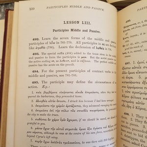 May include: A page from a textbook about the middle and passive voice in Greek. The text includes examples of how to use the middle and passive voice in sentences. The text is in black ink on a white page.