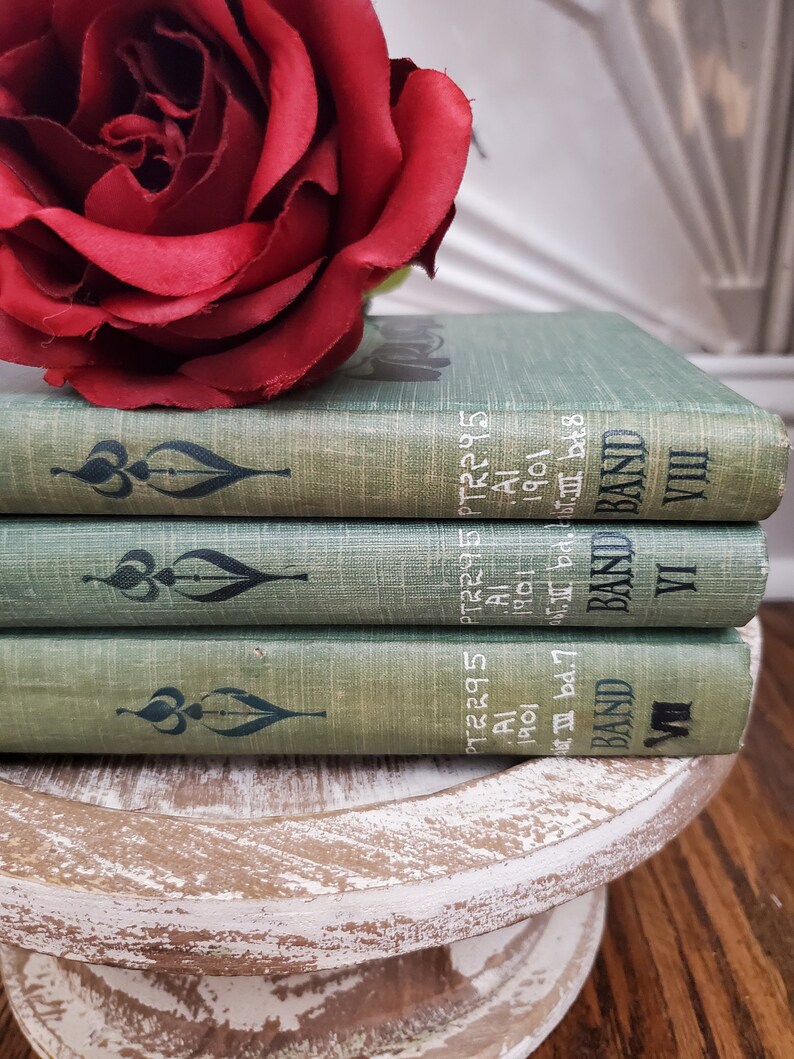 Pu&ograve; includere: Tre libri rilegati in verde impilati su un piedistallo di legno bianco. I libri hanno lettere dorate sui dorsi che recitano "BAND VII", "BAND VI" e "BAND VIII". I libri hanno anche il testo "PTR2295", "AI", "1901", "bd.7.bⅢbet8" sui dorsi. Una rosa rossa riposa sui libri.