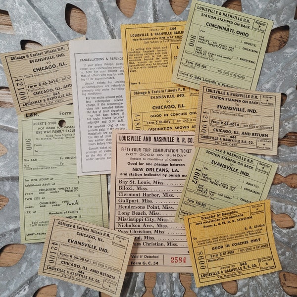 Set of 15 Vintage Railroad Ephemera, Vintage tickets, Mixed media supplies, Scrapbooking, Collectible tickets, Historical memorabilia