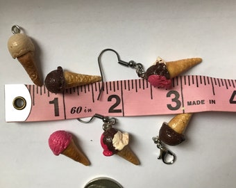 Miniature Ice Cream Cone Earrings, Polymer Clay Food Charms