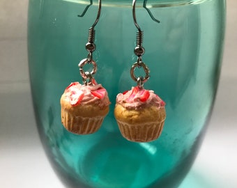 Miniature Strawberry Cupcake Earrings, Dessert Jewelry