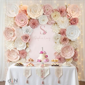 Girl Korean 1st Birthday Doljanchi Party Banner Backdrop Template | Floral Initial (Canva Editable)