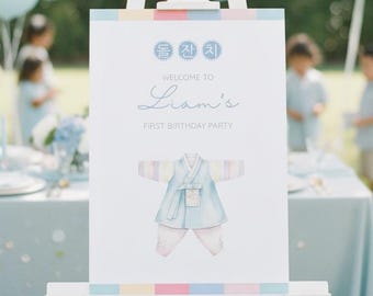 Editable Korean 1st Birthday Welcome Sign Template-Boy Blue Hanbok | Canva Instant Download