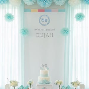 May include: A light blue and white themed first birthday party setup. The table is set with a cake, cupcakes, and various treats. Balloons and paper decorations in shades of blue and white adorn the room. The banner reads "Happy First Birthday Elijah".